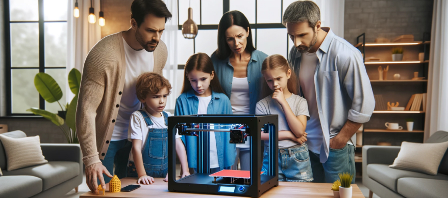 A family standing around a 3D printer, looking puzzled and thinking about how to turn it on